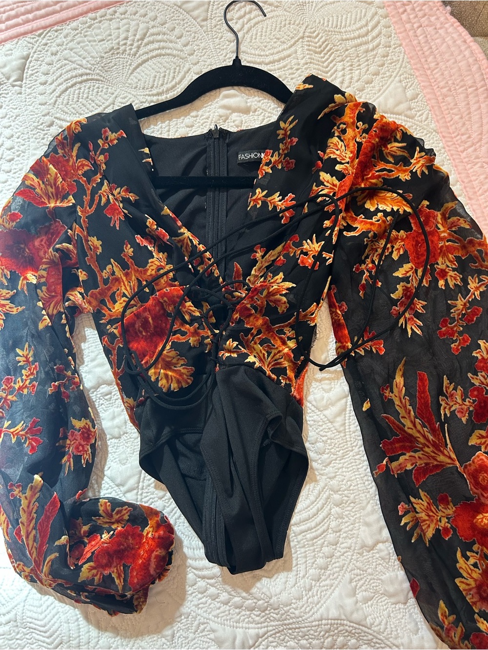 Fashion Nova Black Sheer Floral Velvet Lace-Up Bodysuit